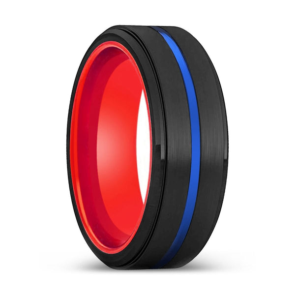 MONK | Red Ring, Black Tungsten Ring, Blue Groove, Stepped Edge