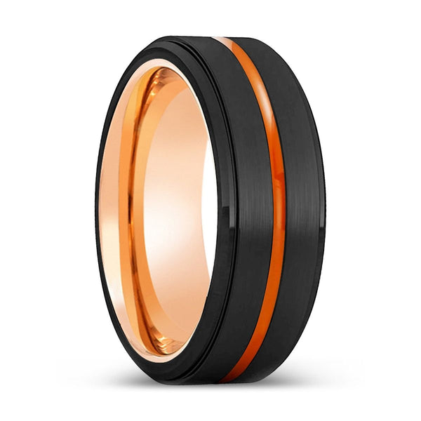 MONTGOMERY | Rose Gold Ring, Black Tungsten Ring, Orange Groove, Stepped Edge