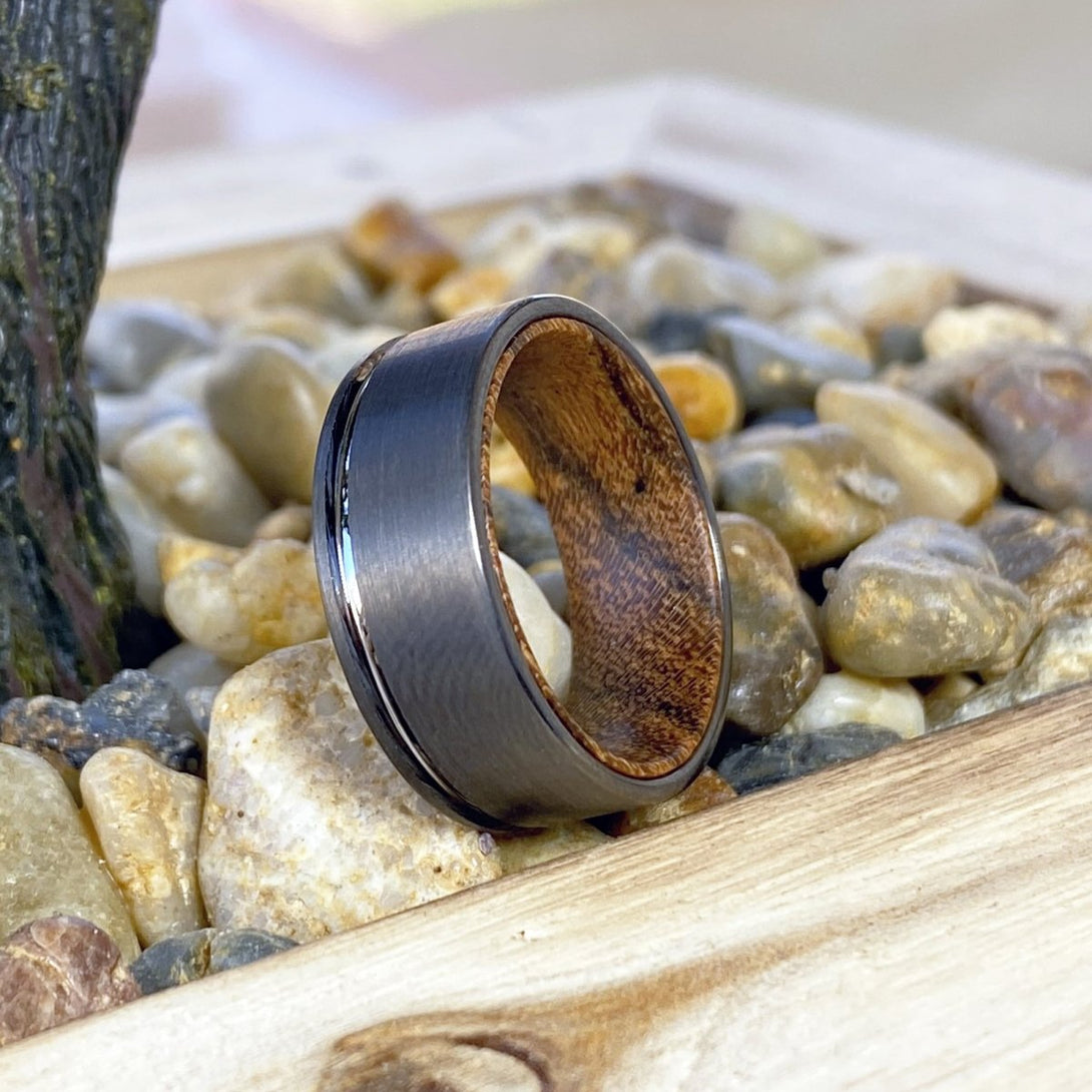 MOOSE | Bocote Wood, Gunmetal Tungsten Offset Groove - Rings - Aydins Jewelry - 5