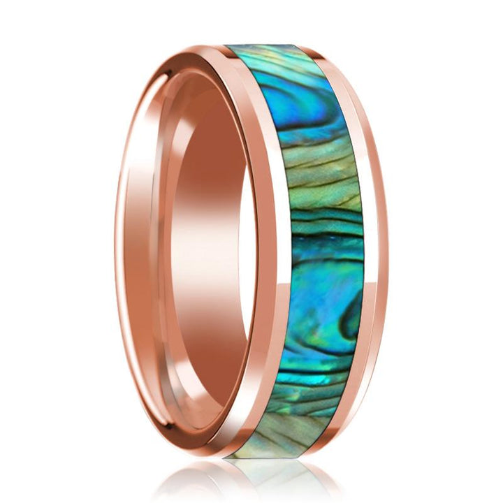 Mother of Pearl Inlaid 14k Rose Gold Polished Wedding Band for Men with Beveled Edges - 8MM - Rings - Aydins Jewelry