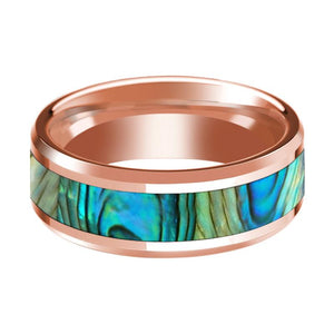 Mother of Pearl inlay 14k rose gold wedding band 8mm, side profile