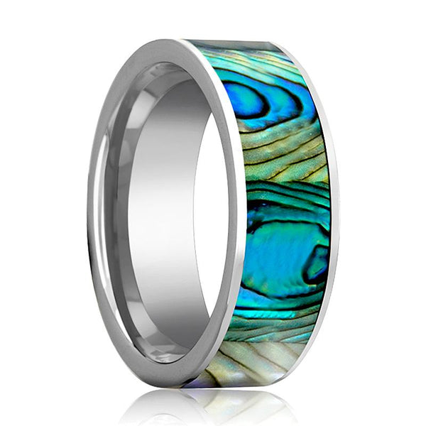 Mother of Pearl Inlaid Men's Flat Tungsten Wedding Band Polished - 8MM - Rings - Aydins Jewelry - 1