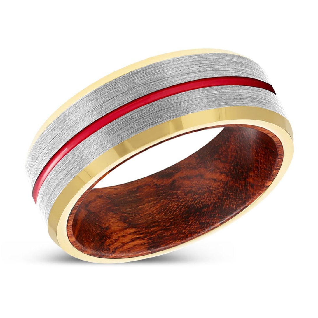 MOXI | Snake Wood, Silver Tungsten Ring, Red Groove, Gold Beveled Edge - Rings - Aydins Jewelry - 2