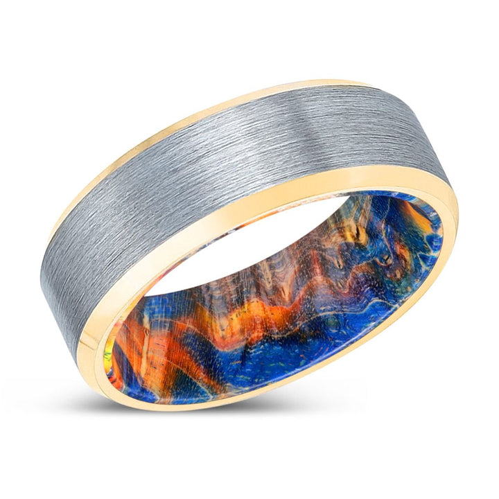 MUBARAK | Blue & Yellow/Orange Wood, Brushed, Silver Tungsten Ring, Gold Beveled Edges - Rings - Aydins Jewelry - 2