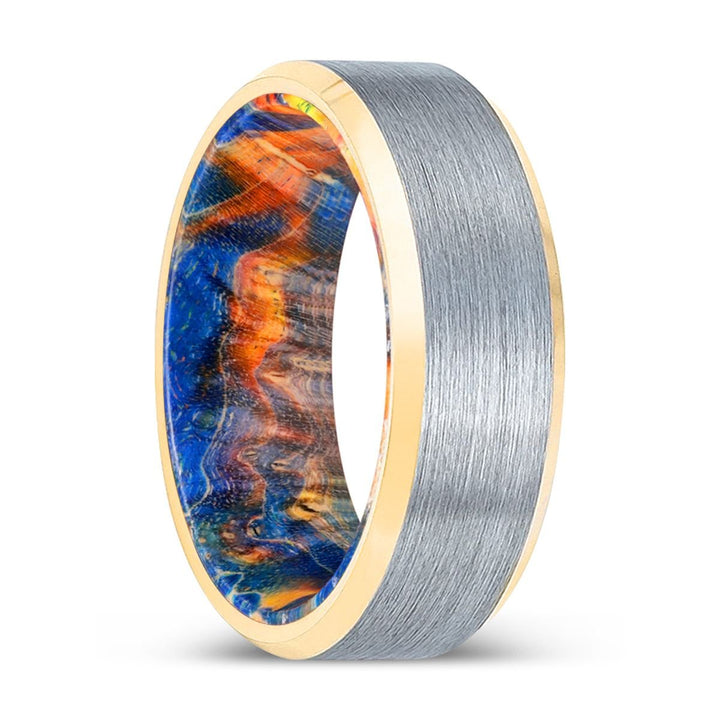 MUBARAK | Blue & Yellow/Orange Wood, Brushed, Silver Tungsten Ring, Gold Beveled Edges - Rings - Aydins Jewelry - 1