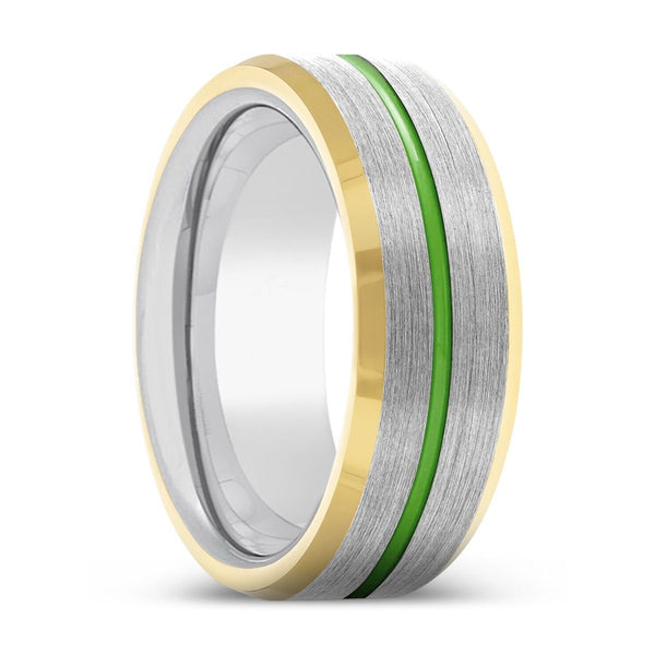 MYSTI | Silver Ring, Silver Tungsten Ring, Green Groove, Gold Beveled Edge
