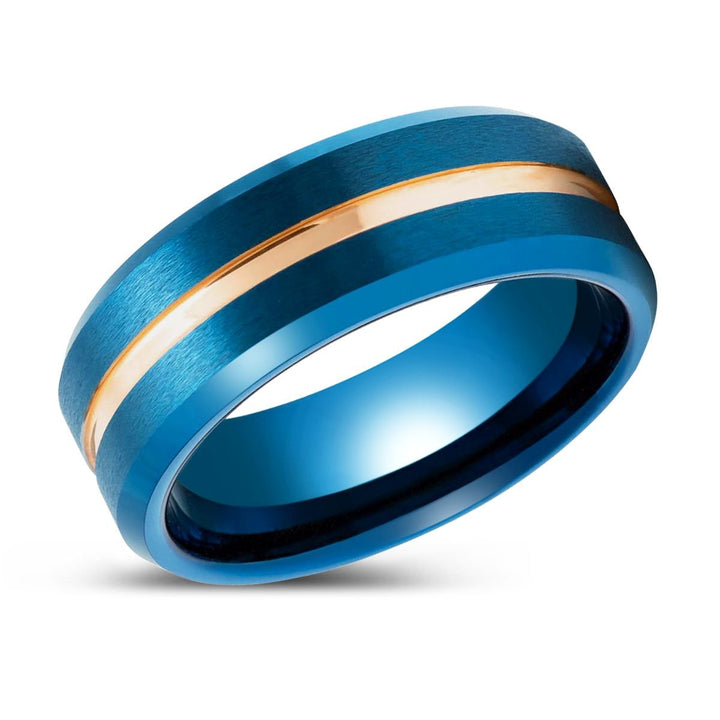 MYSTICRIDGE | Blue Tungsten Ring, Blue Brushed with Rose Gold Grooved Center Beveled Edge - Rings - Aydins Jewelry - 2