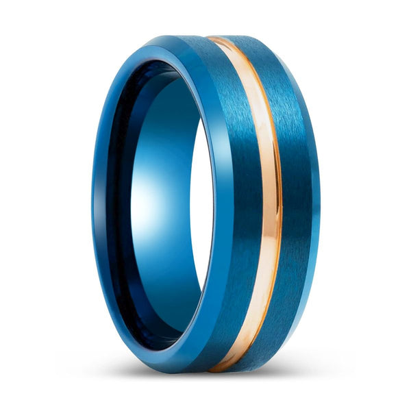 MYSTICRIDGE | Blue Tungsten Ring, Blue Brushed with Rose Gold Grooved Center Beveled Edge - Rings - Aydins Jewelry