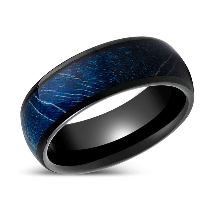 NASOS | Black Tungsten Ring, Azure Stabilized Wood Inlay, Domed - Rings - Aydins Jewelry - 2