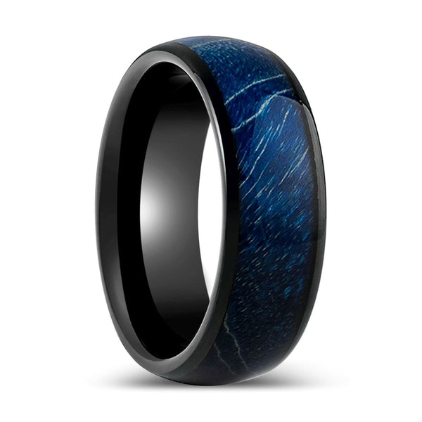NASOS | Black Tungsten Ring, Azure Stabilized Wood Inlay, Domed - Rings - Aydins Jewelry - 1