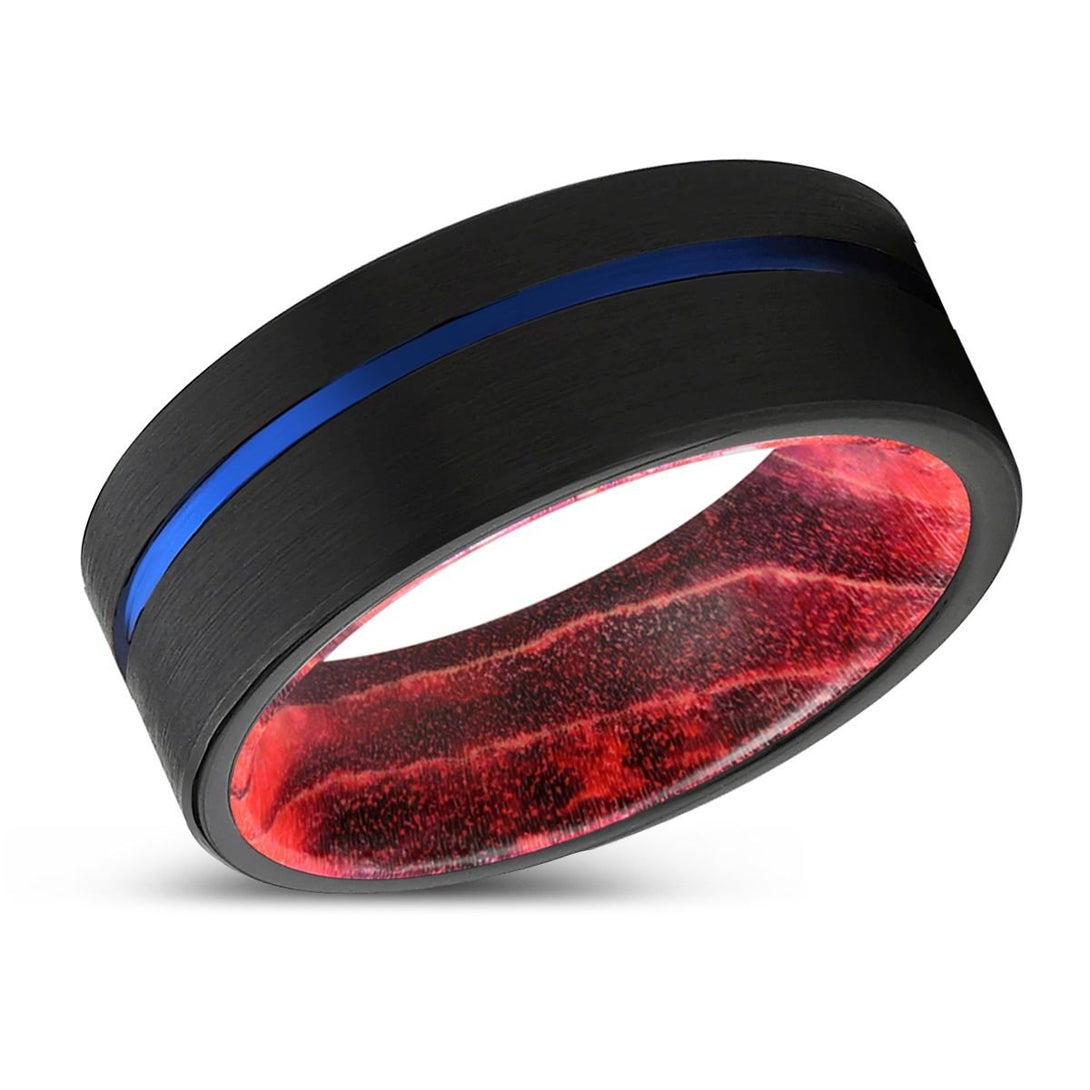 NEFARIOUS | Black & Red Wood, Black Tungsten Ring, Blue Offset Groove, Flat - Rings - Aydins Jewelry - 2