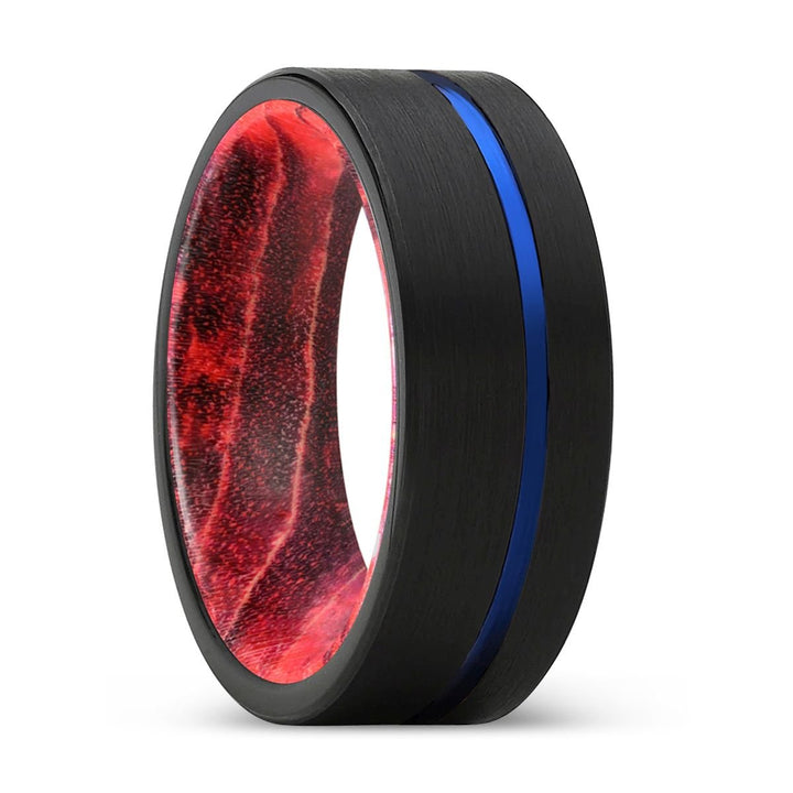 NEFARIOUS | Black & Red Wood, Black Tungsten Ring, Blue Offset Groove, Flat - Rings - Aydins Jewelry