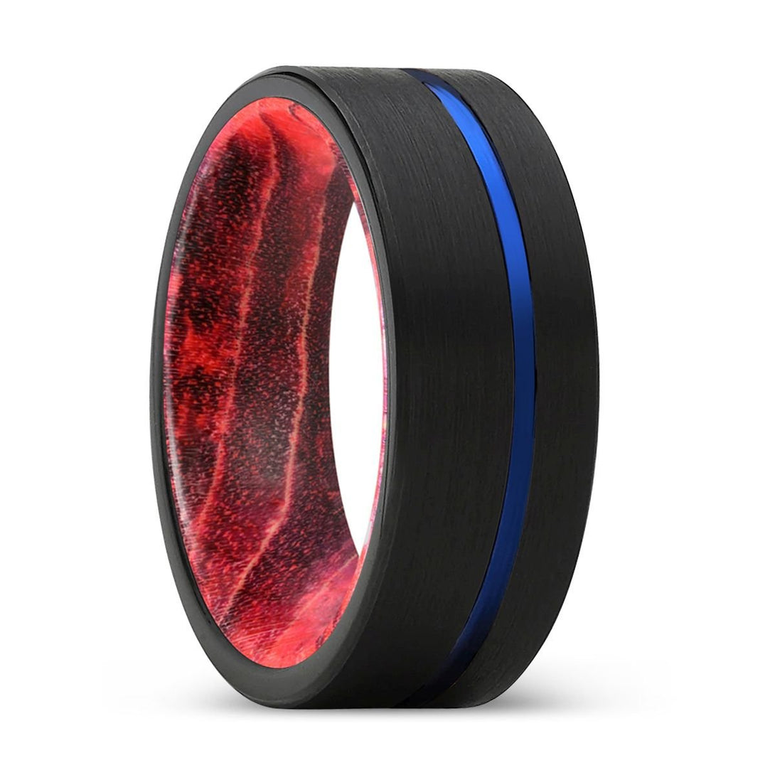 NEFARIOUS | Black & Red Wood, Black Tungsten Ring, Blue Offset Groove, Flat - Rings - Aydins Jewelry - 1