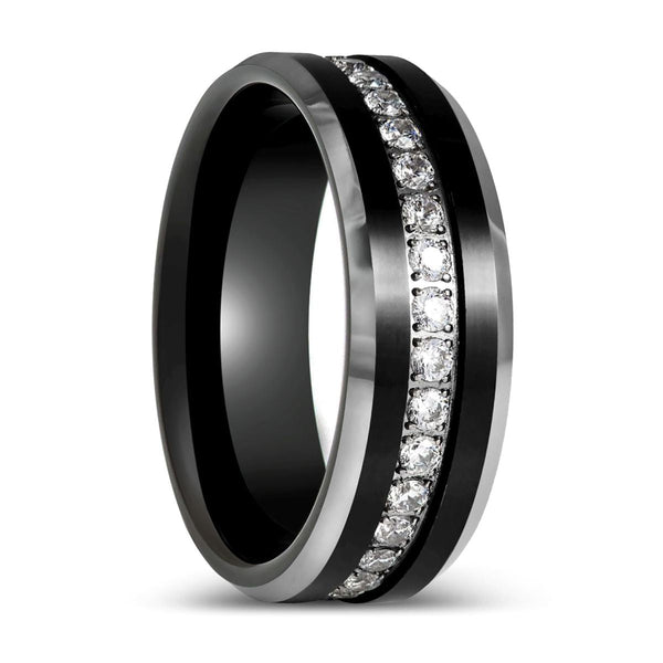 NEMESIS | Black Tungsten Ring, White Round CZ, Beveled Edge Ring