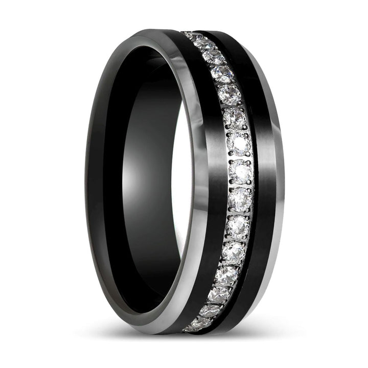 NEMESIS | Black Tungsten Ring, White Round CZ, Beveled Edge Ring - Rings - Aydins Jewelry - 1