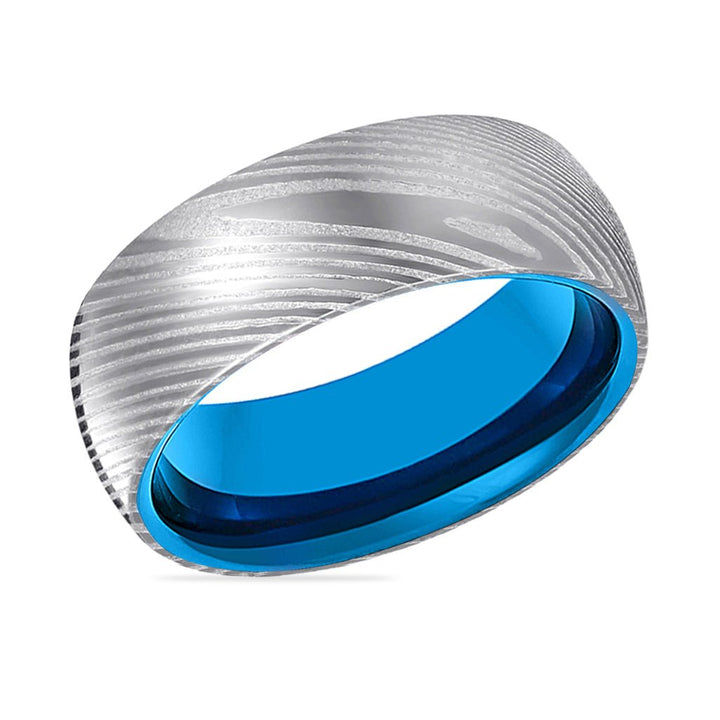 NEPTUNE | Blue Tungsten Ring, Silver Damascus Steel, Domed - Rings - Aydins Jewelry - 2
