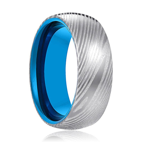 NEPTUNE | Blue Tungsten Ring, Silver Damascus Steel, Domed