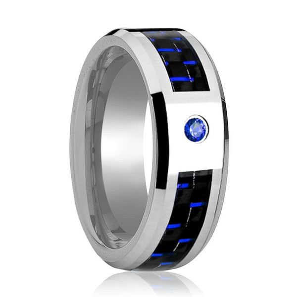 NEPTUNE | Silver Tungsten Ring Blue Sapphire Stone, Black & Blue Carbon Fiber Inlay, Beveled