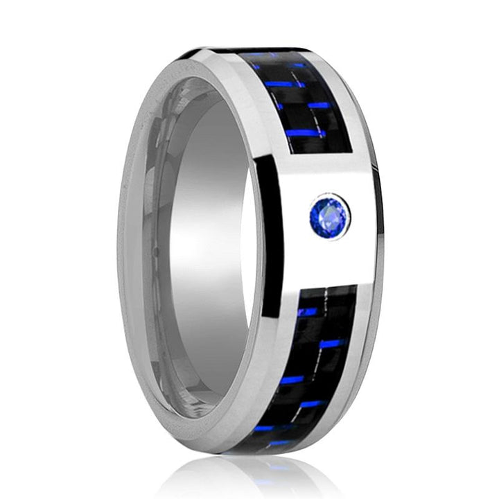 NEPTUNE | Silver Tungsten Ring Blue Sapphire Stone, Black & Blue Carbon Fiber Inlay, Beveled - Rings - Aydins Jewelry - 1