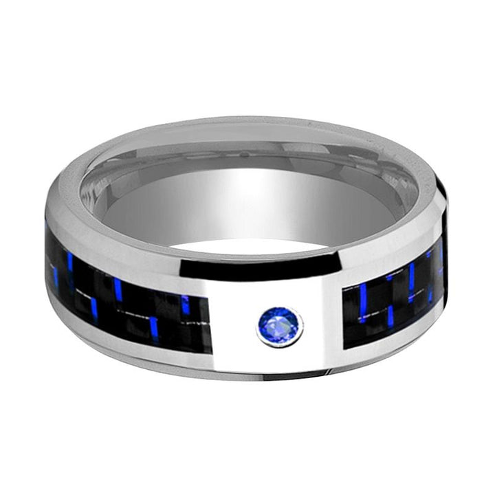 NEPTUNE | Silver Tungsten Ring Blue Sapphire Stone, Black & Blue Carbon Fiber Inlay, Beveled - Rings - Aydins Jewelry - 2