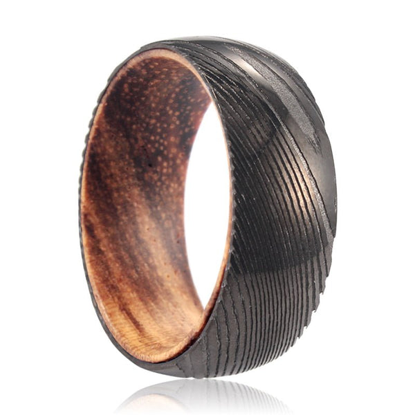 NEWON | Zebra Wood, Gunmetal Damascus Steel Ring, Domed