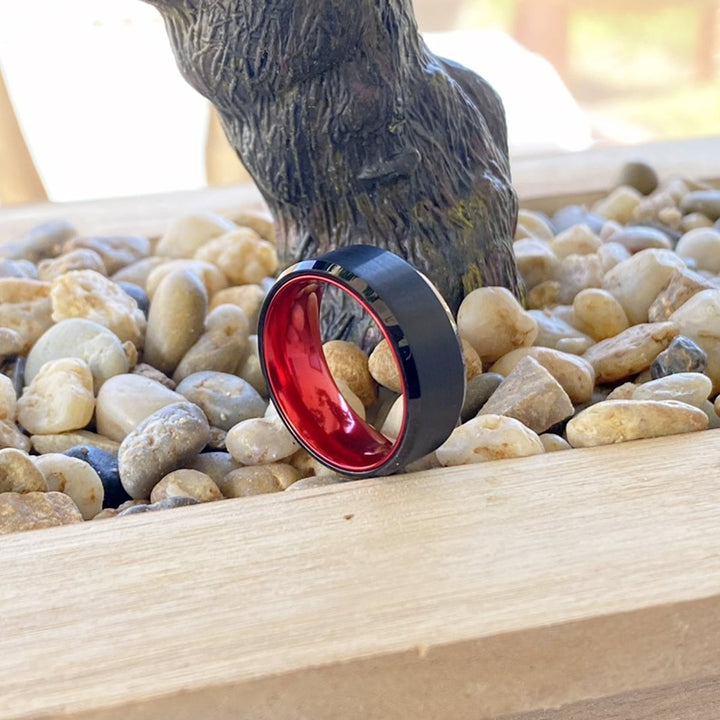 NEWT | Red Ring, Black Tungsten Ring, Brushed, Beveled - Rings - Aydins Jewelry