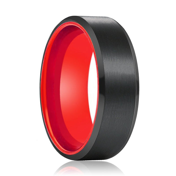 NEWT | Red Ring, Black Tungsten Ring, Brushed, Beveled - Rings - Aydins Jewelry