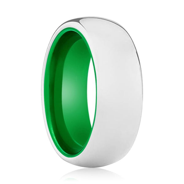NEZARA | Green Ring, Silver Tungsten Ring, Shiny, Domed