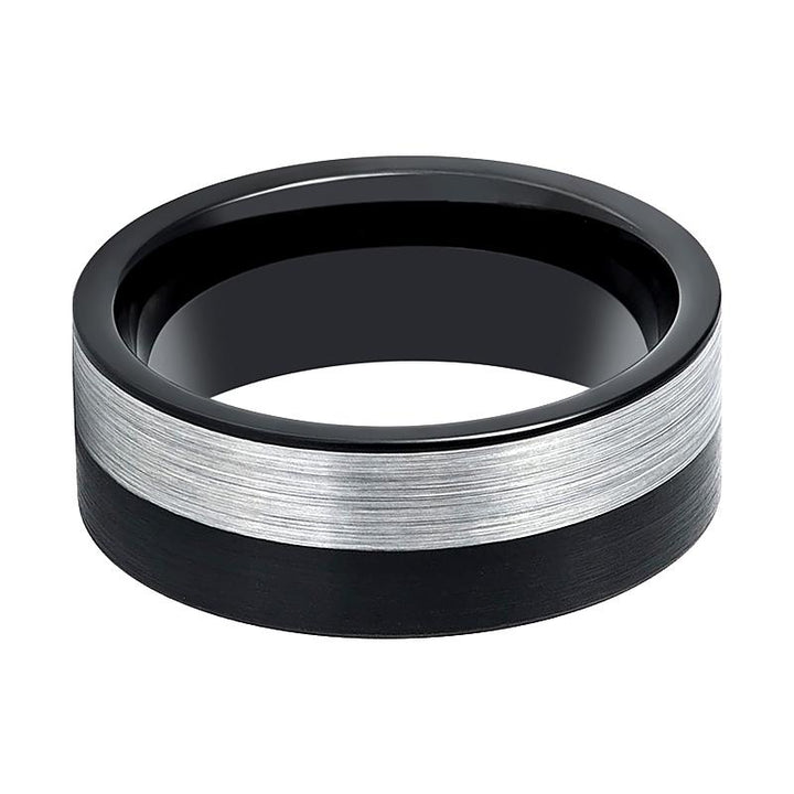 NIGHTHAWK | Black Tungsten Ring, Silver & Black Two-Tone Brushed, Flat