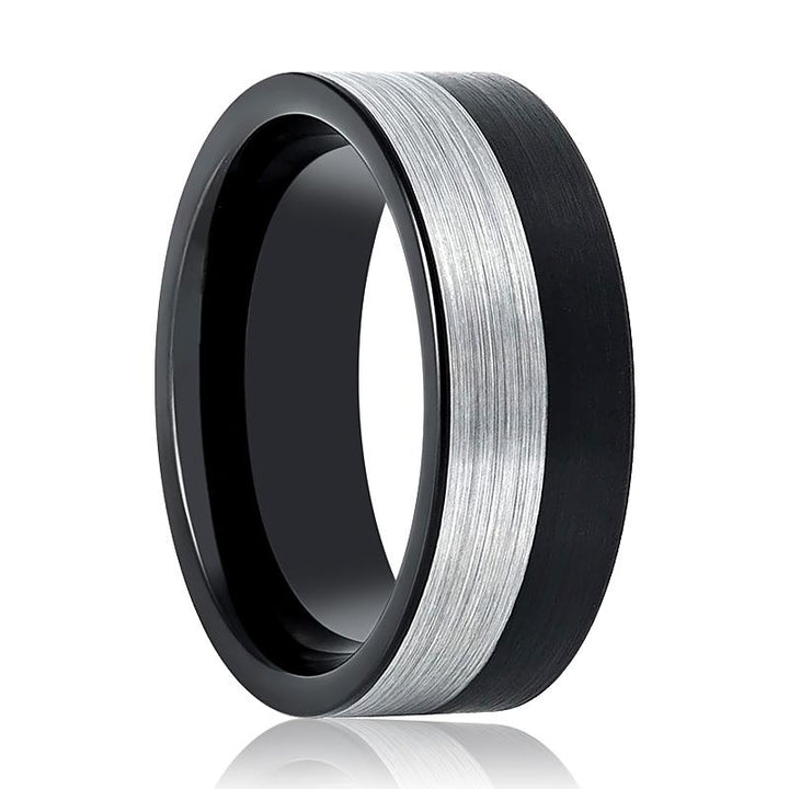 NIGHTHAWK | Black Tungsten Ring, Silver & Black Two-Tone Brushed, Flat