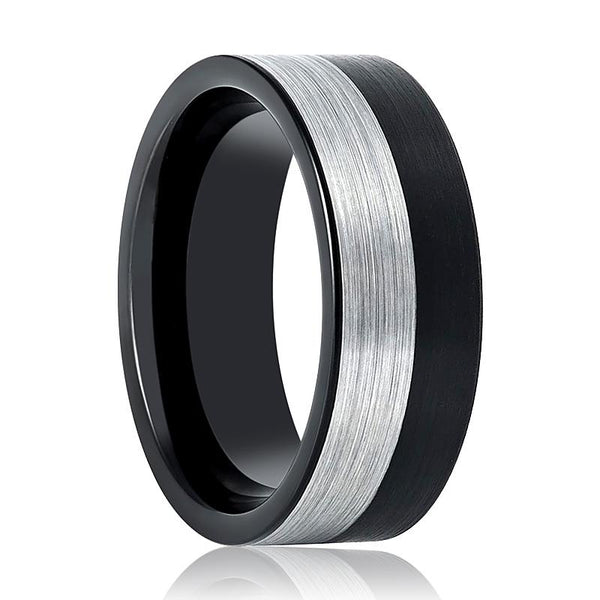 NIGHTHAWK | Black Tungsten Ring, Silver & Black Two-Tone Brushed, Flat - Rings - Aydins Jewelry - 1