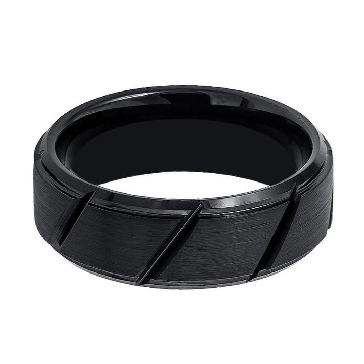 NIGHTWORK | Black Tungsten Ring, Diagonal Grooves, Stepped Edge - Rings - Aydins Jewelry - 2