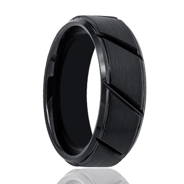 NIGHTWORK | Black Tungsten Ring, Diagonal Grooves, Stepped Edge - Rings - Aydins Jewelry - 1