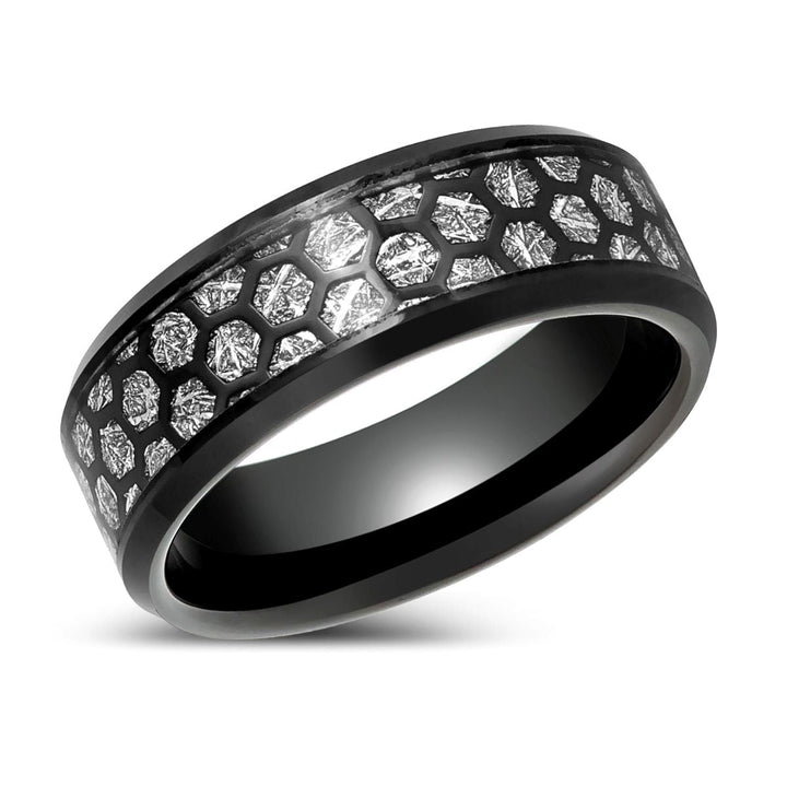 NIKNAM | Black Tungsten Ring, Hone Comb, Imitation Meteorite Inlay, Domed - Rings - Aydins Jewelry - 2