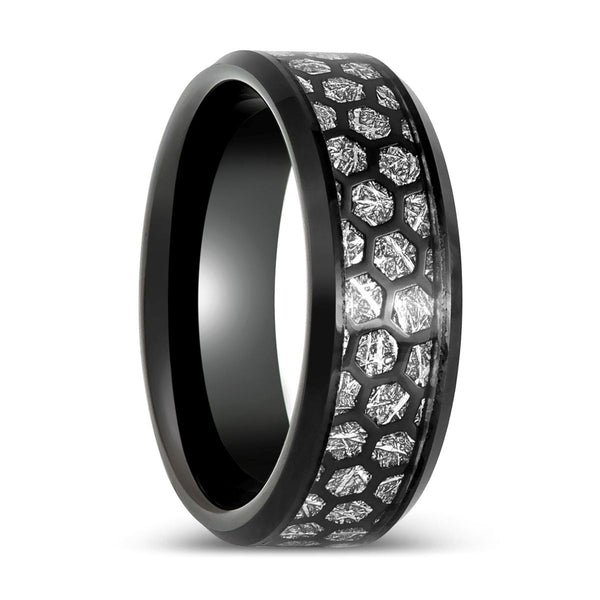 NIKNAM | Black Tungsten Ring, Hone Comb, Imitation Meteorite Inlay, Domed - Rings - Aydins Jewelry - 1