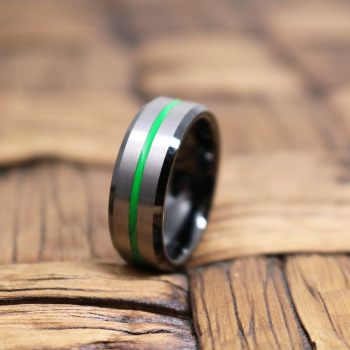 TESLA  Green Ring, Black Tungsten Green Groove Beveled Edges