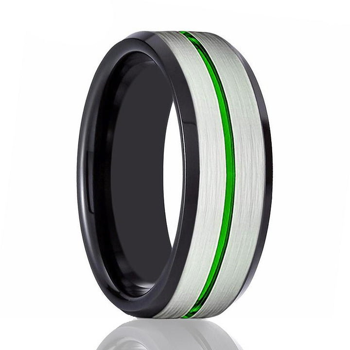 NITRO | Black Ring, Silver Brushed Green Groove Black Beveled - Rings - Aydins Jewelry - 1