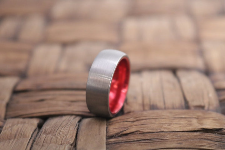 NOBLE | Red Ring, Silver Tungsten Ring, Brushed, Domed - Rings - Aydins Jewelry