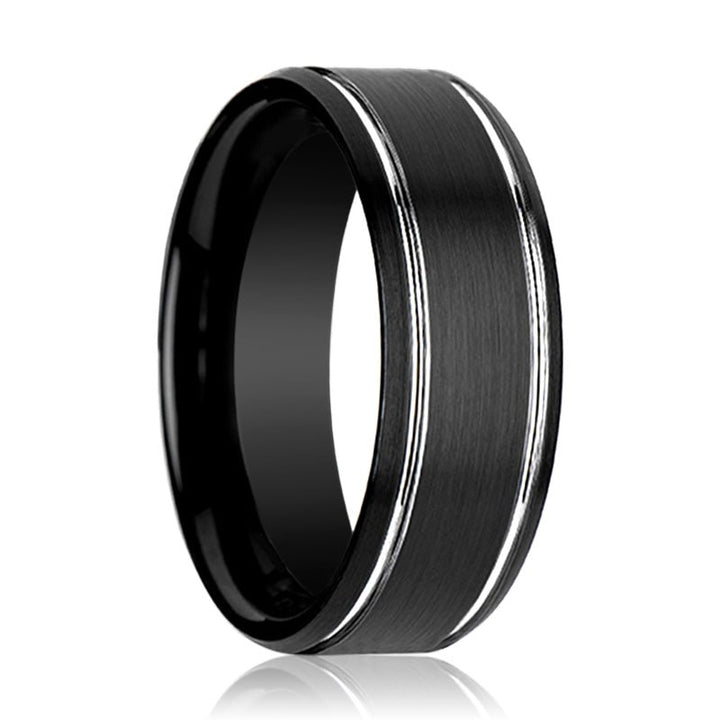 NOCTURNE | Black Tungsten Ring, Double Polished Grooves, Beveled - Rings - Aydins Jewelry - 1