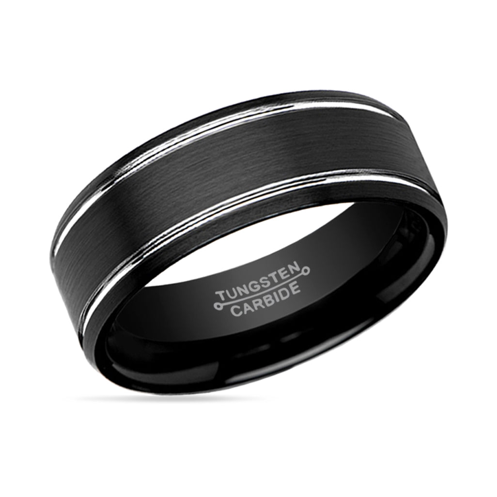 NOCTURNE | Black Tungsten Ring, Double Polished Grooves, Beveled - Rings - Aydins Jewelry - 2