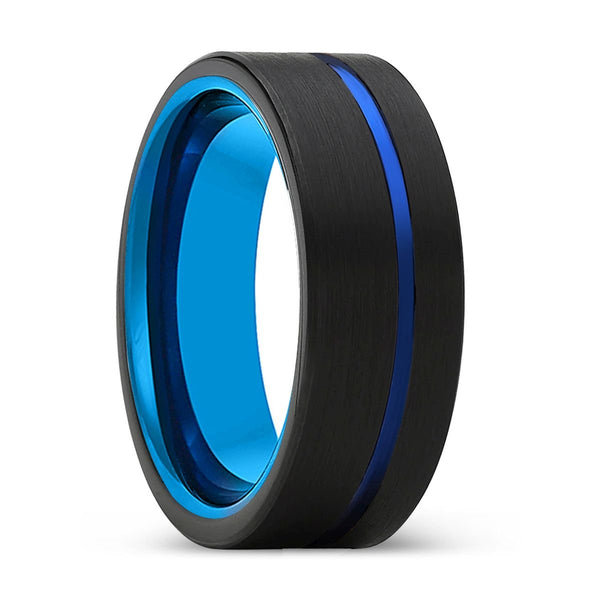 NORTHSTAR | Blue Tungsten Ring, Black Tungsten Ring, Blue Offset Groove, Flat - Rings - Aydins Jewelry