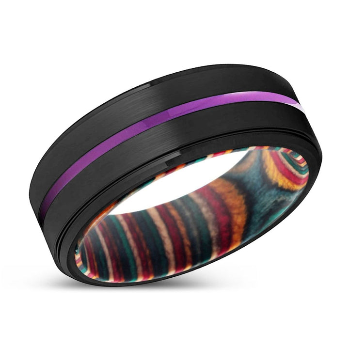 NOWRA | Multi Color Wood, Black Tungsten Ring, Purple Groove, Stepped Edge - Rings - Aydins Jewelry - 2