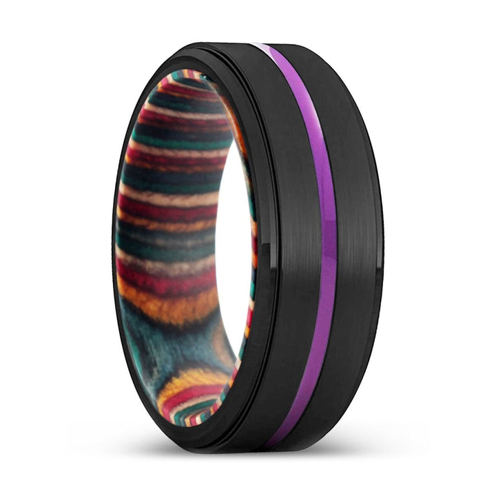NOWRA | Multi Color Wood, Black Tungsten Ring, Purple Groove, Stepped Edge - Rings - Aydins Jewelry - 1