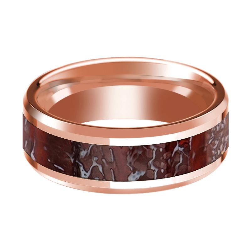 Dinosaur Bone inlay 14k rose gold wedding band, side profile