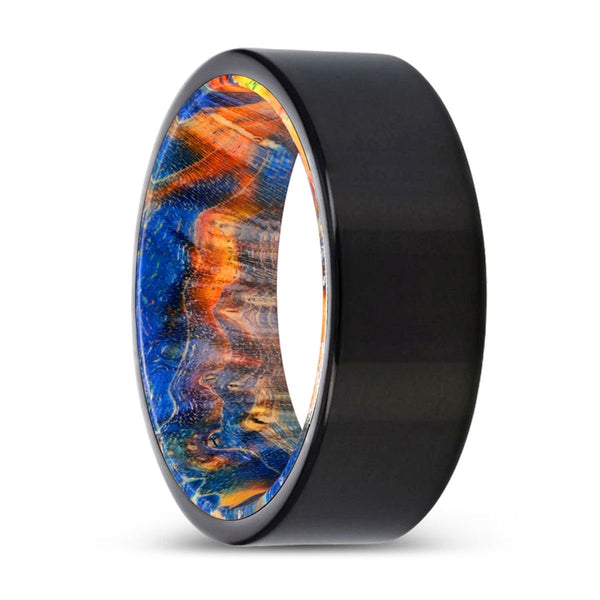 OAKHEART | Blue & Yellow/Orange Wood, Black Tungsten Ring, Shiny, Flat - Rings - Aydins Jewelry - 1