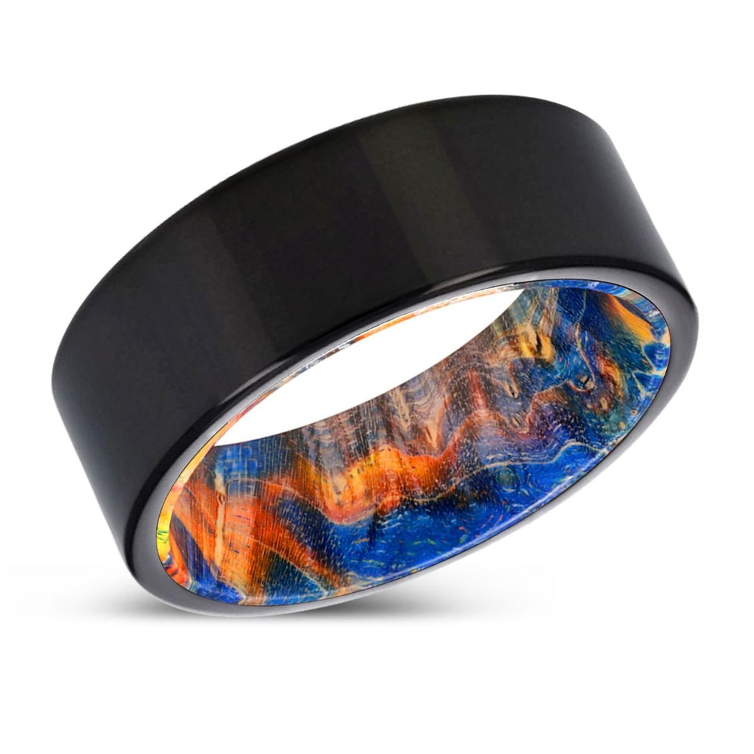 OAKHEART | Blue & Yellow/Orange Wood, Black Tungsten Ring, Shiny, Flat - Rings - Aydins Jewelry - 2