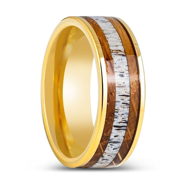 OAKRIDGE - Yellow Tungsten Ring, Whiskey Barrel & Deer Antler Inlay - Rings - Aydins Jewelry