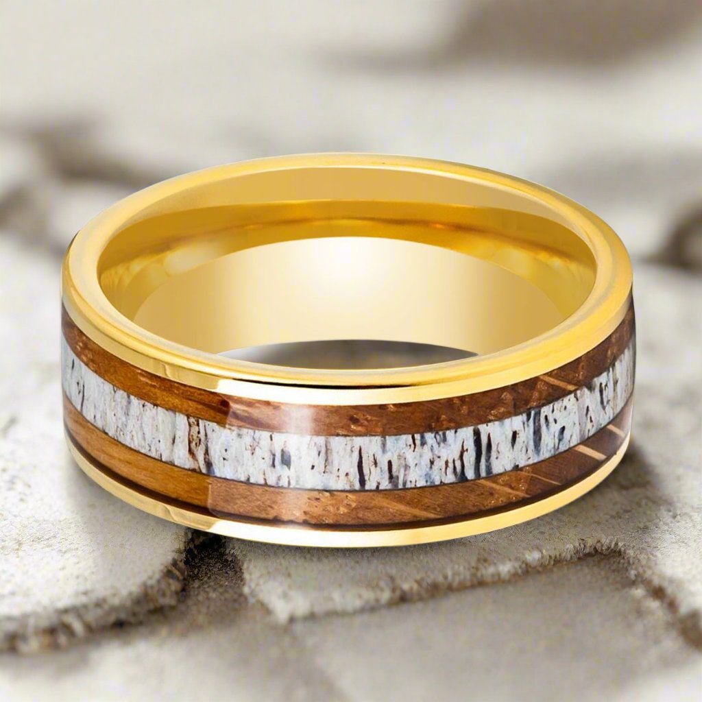 OAKRIDGE | Yellow Tungsten Ring, Whiskey Barrel & Deer Antler Inlay - Rings - Aydins Jewelry - 1