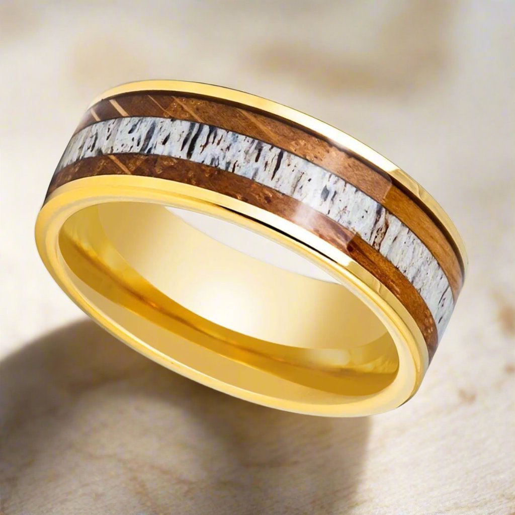 OAKRIDGE | Yellow Tungsten Ring, Whiskey Barrel & Deer Antler Inlay - Rings - Aydins Jewelry - 2