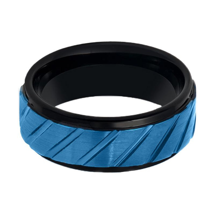 OBERON | Black Tungsten Ring, Blue Diagonal Grooves, Stepped Edge - Rings - Aydins Jewelry - 2